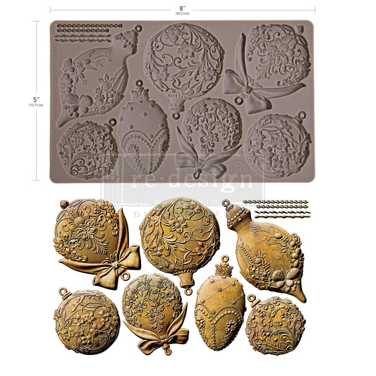 Redesign with Prima, Silicone Mold, Vintage Style, Decor Moulds®, Shimmering Holiday Ornaments, Baroque-inspired, 5″x8″x8mm, Food Safe