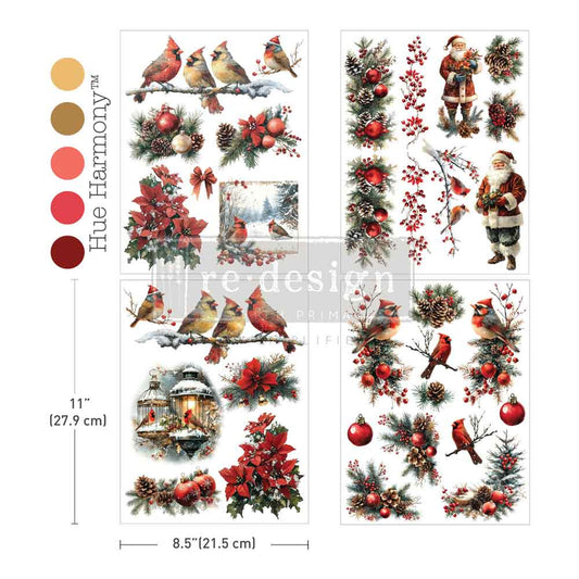 Re-Design with Prima, Middy Plus Transfers, Feathered Noel, Red Cardinals, Santa, Christmas, Poinsettia, 3 sheets + 1 bonus sheet, 8.5″x11
