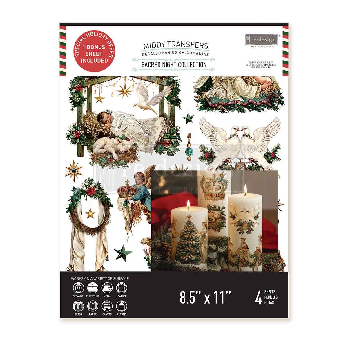 Re-Design with Prima, Middy Transfers, Sacred Night, Christmas, Nativity, Angels, Doves, Stars, Greenery, 3 sheet, 8.5″x11″