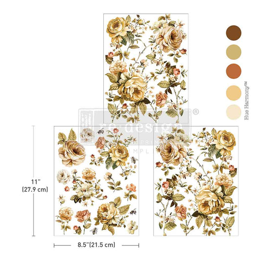 Re-Design with Prima, Middy Transfers, Belle Epoque Blooms, Yellow, Peach, Flowers, 3 sheets, Rub on Transfers, 8.5″x11″, 2025 Qtr 3