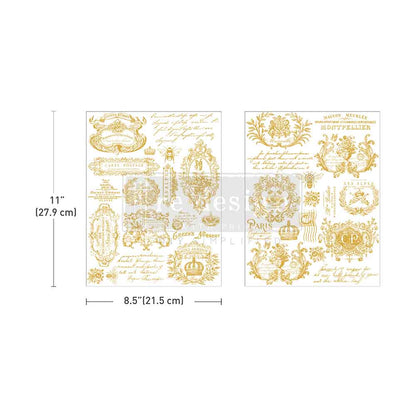 Re-Design with Prima, H2O Transfers Gold, Gilded Memories, 2 sheets, 8.5″x11″, Metallic, Rub on Transfers, Parisian, Typography, Crests Re-Design with Prima