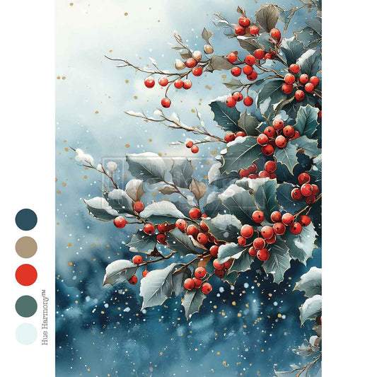 Re-Design with Prima, Decoupage Fiber Paper, Christmas, Frosted Boughs, Holly, Berries  A4, 8.27″x11.69″, 2025 Q4