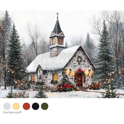 Re-Design with Prima, Decoupage Fiber Paper, Christmas, Winter, Cozy Church Blessings, Chapel, Snow Landscape, A4, 8.27″x11.69″, 2025 Q4 Re-Design with Prima