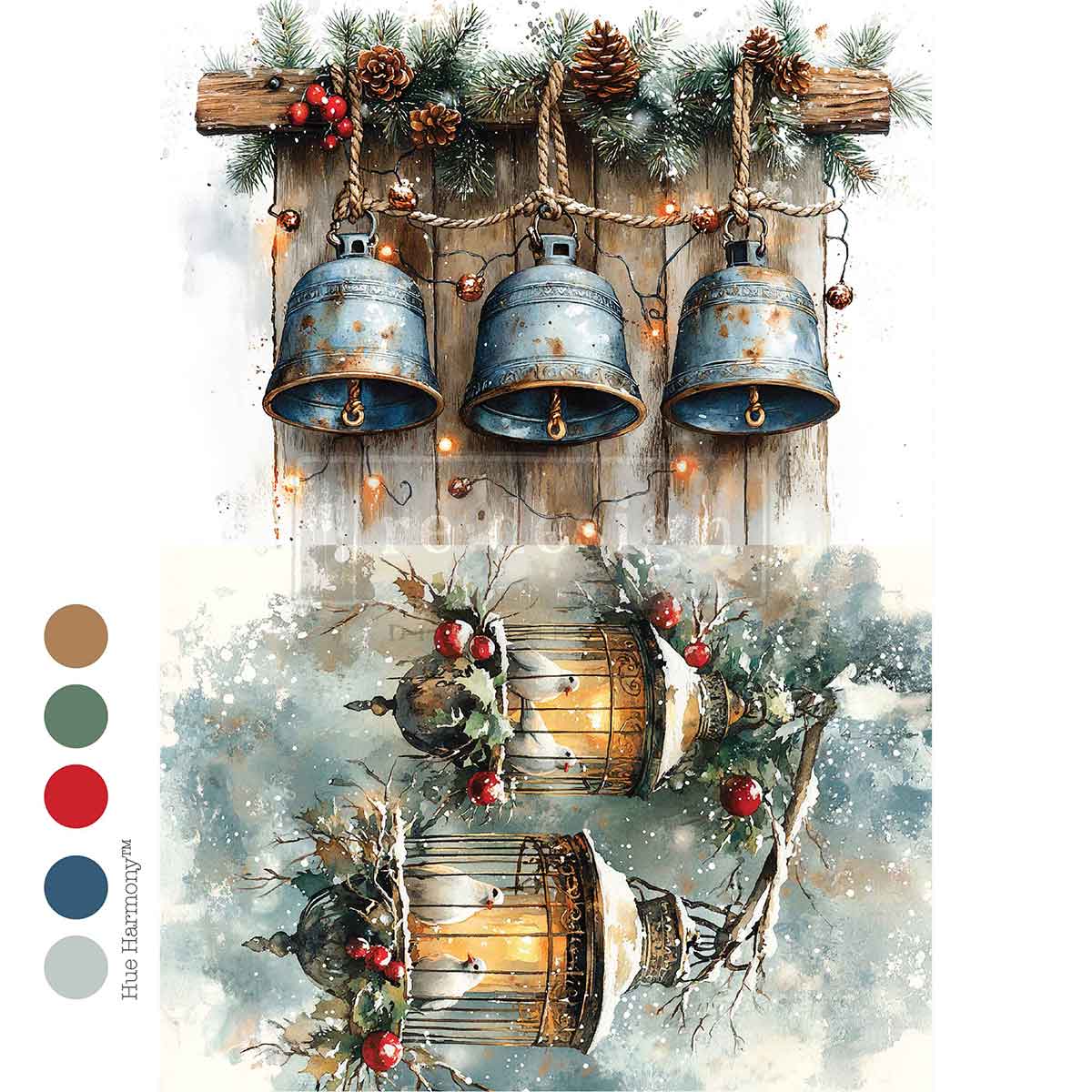Re-Design with Prima, Decoupage Fiber Paper, Christmas, Lanterns, Bells, Holly, Garland, Decoration, A4, 8.27″x11.69″, 2025 Q4