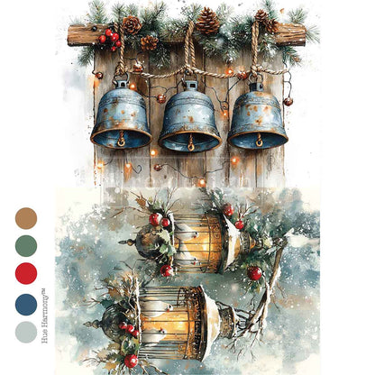 Re-Design with Prima, Decoupage Fiber Paper, Christmas, Lanterns, Bells, Holly, Garland, Decoration, A4, 8.27″x11.69″, 2025 Q4 Re-Design with Prima