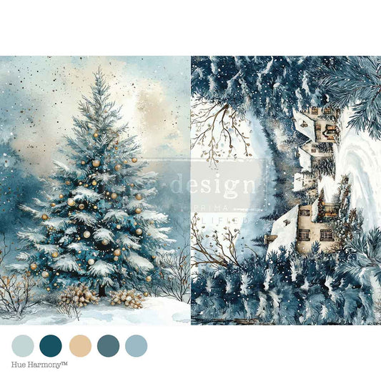 Re-Design with Prima, Decoupage Fiber Paper, Christmas, Silent Night Sparkle, Snow Scene, Village, Christmas Tree, A4, 8.27″x11.69″, 2025 Q4