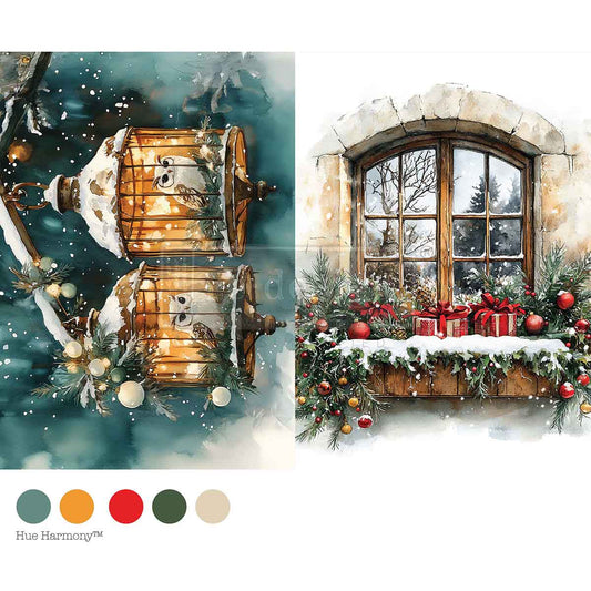 Re-Design with Prima, Decoupage Fiber Paper, Christmas, Noel Night Owl, Lanterns, Snow Scene, Window, A4, 8.27″x11.69″, 2025 Q4