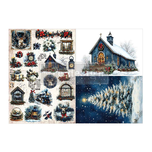 Re-Design with Prima, A3 Decoupage Fiber Pack, Hearth & Holly, Christmas, Winter, Midnight Blue, Animals, Cabin, 2 sheets, 11.7″x16.5″