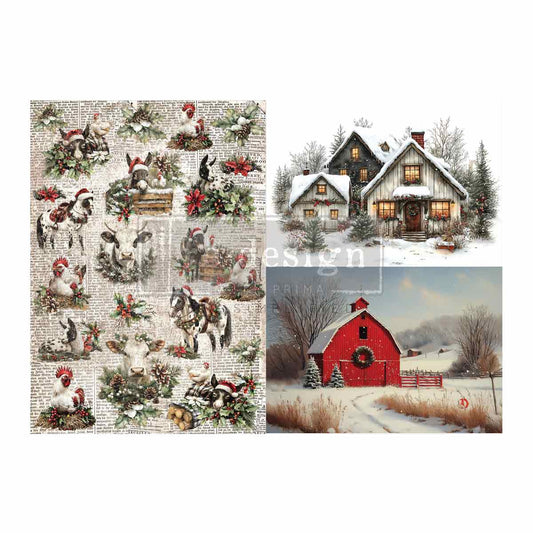 Re-Design with Prima Decoupage Fiber Pack, Cozy Country Christmas, Farm, Barn Animals, 2 sheets, A4 8.3″x11.7″ each, Mixed Media