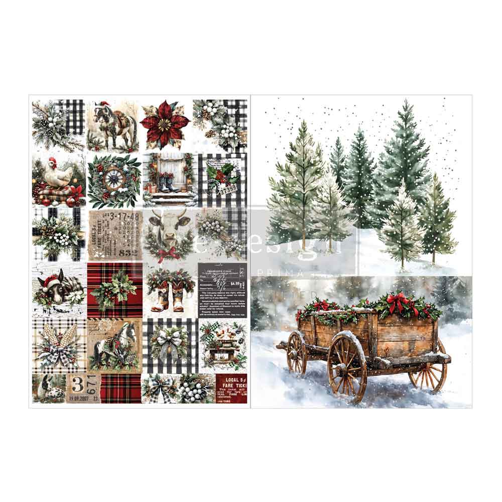 Re-Design with Prima Decoupage Fiber Pack,  Farmhouse Frost, Country Rustic Holiday, 2 sheets, A4 8.3″x11.7″ each, Mixed Media