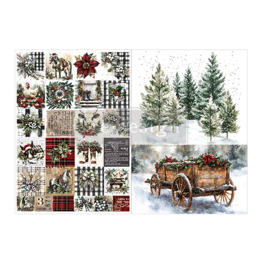 Re-Design with Prima Decoupage Fiber Pack,  Farmhouse Frost, Country Rustic Holiday, 2 sheets, A4 8.3″x11.7″ each, Mixed Media