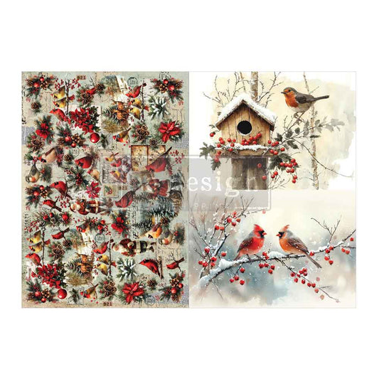 Re-Design with Prima Decoupage Fiber Pack, Feathered Elegance Christmas Cardinals, 2 sheets, A4 8.3″x11.7″ each, Mixed Media