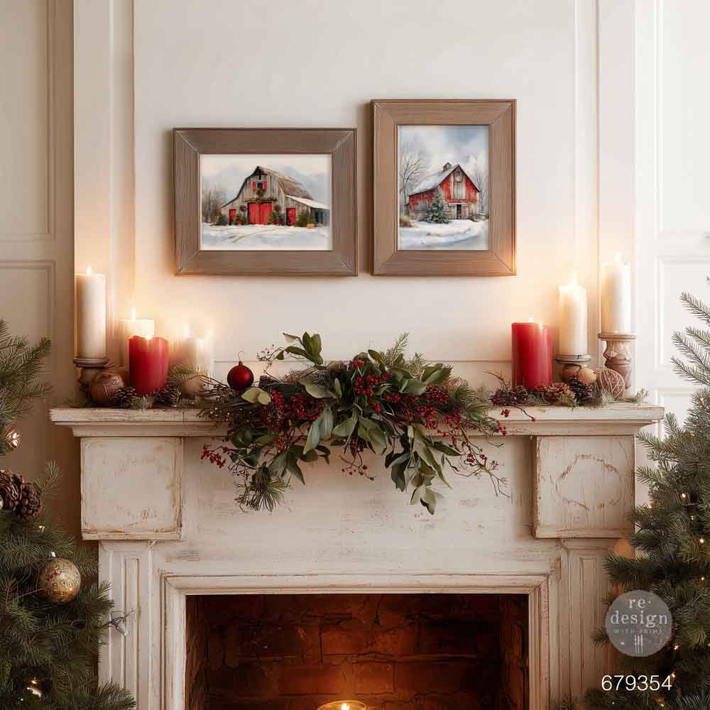 Re-Design with Prima, A3 Decoupage Fiber Pack, Snowy Village Charm, Red Barn, Country Christmas, Winter, Rustic, 2 sheets, 11.7″x16.5″