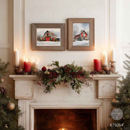 Re-Design with Prima, A3 Decoupage Fiber Pack, Snowy Village Charm, Red Barn, Country Christmas, Winter, Rustic, 2 sheets, 11.7″x16.5″