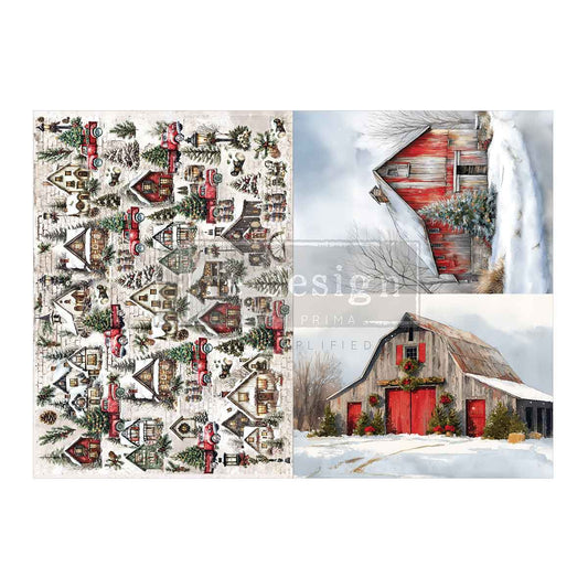 Re-Design with Prima, A3 Decoupage Fiber Pack, Snowy Village Charm, Red Barn, Country Christmas, Winter, Rustic, 2 sheets, 11.7″x16.5″