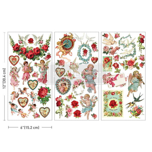 Re-Design with Prima, Small, Rub On Transfers, Amour Affair, Victorian Hearts, Cherubs, Roses, Valentines, 3 sheets, 6″x12″, Crafts Re-Design with Prima
