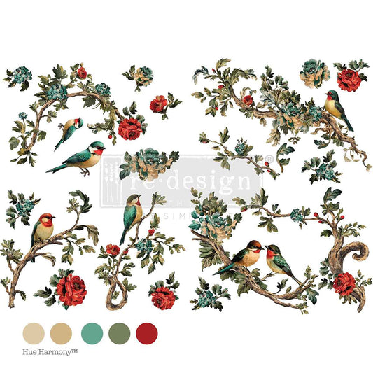 Re-Design with Prima, Large, Decor Transfers, The Rosette Aviary, Rub on Transfers, Roses, Birds, 2025 Q4, 24″x35″, cut into 4 sheets