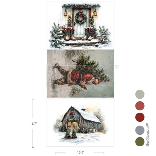 Re-Design with Prima, A3 Decoupage Fiber Pack, Santa's Woodland Stroll, Snowy Cabin, Christmas, 3 sheets, 11.7″x16.5″, 2025 Q3
