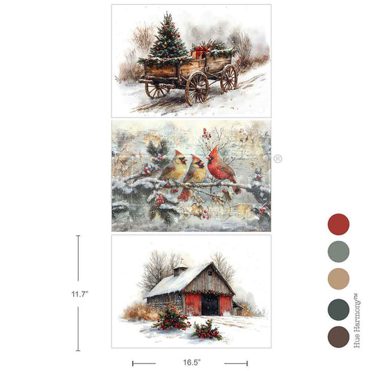 Re-Design with Prima, A3 Decoupage Fiber Pack, Christmas In The Countryside, Country, Rustic, Winter, Barn, 3 sheets, 11.7″x16.5″, 2025 Q3