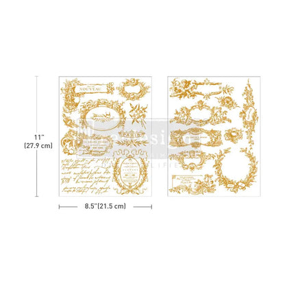 Re-Design with Prima, Middy Foil Transfers, Kacha, Label De Luxe, Gold Metallic Foil, Vintage  Labels, Flourishes, 2025 Q4, 2 sheets, 8.5x11 Re-Design with Prima