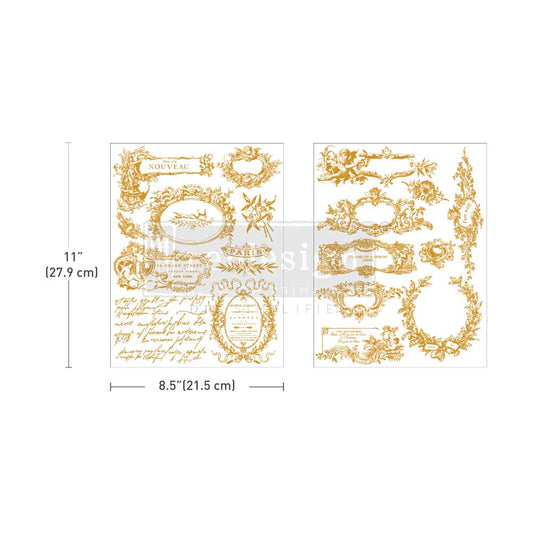Re-Design with Prima, Middy Foil Transfers, Kacha, Label De Luxe, Gold Metallic Foil, Vintage  Labels, Flourishes, 2025 Q4, 2 sheets, 8.5x11