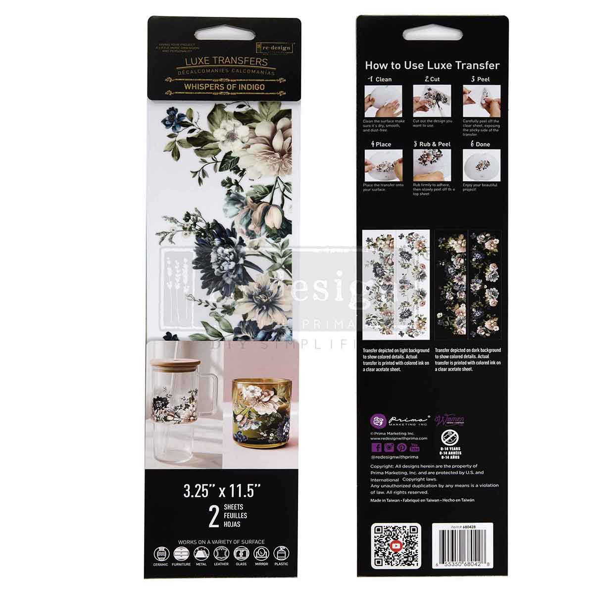 Re-Design with Prima, Rub on, Luxe Transfers®, Whispers Of Indigo, Blue Florals, Lush Greenery, 2 sheets, 3.25″x11.5″ each, Crafts Re-Design with Prima