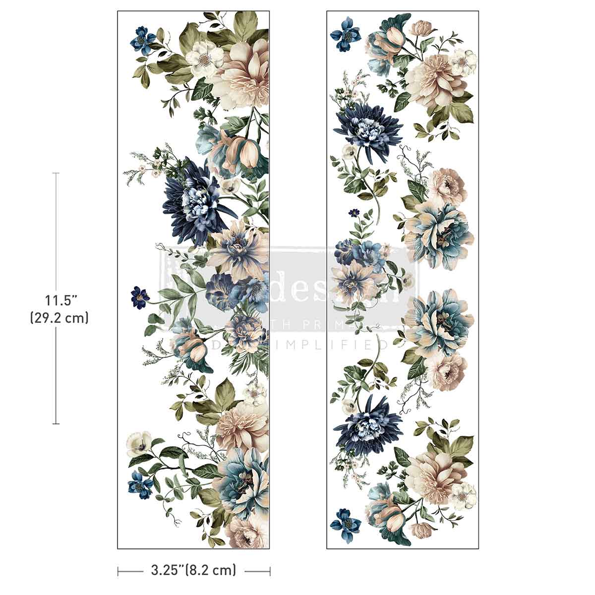 Re-Design with Prima, Rub on, Luxe Transfers®, Whispers Of Indigo, Blue Florals, Lush Greenery, 2 sheets, 3.25″x11.5″ each, Crafts Re-Design with Prima
