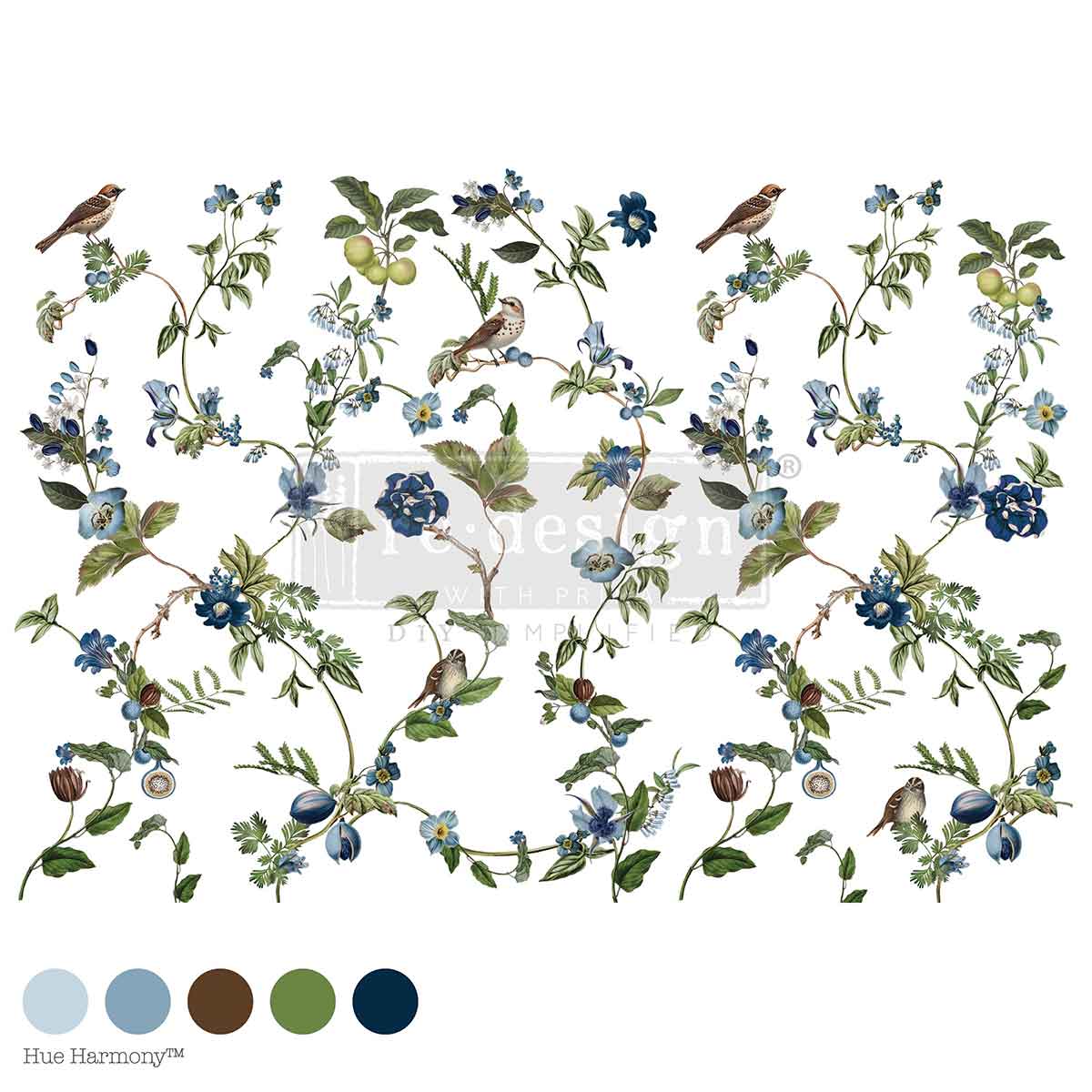 Re-Design with Prima, Decor Rub on Large Transfers, Chirping Charm, Blue Florals, Song Birds, total sheet size 24″x35″, cut into 4 sheets, Re-Design with Prima