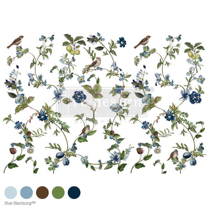 Re-Design with Prima, Decor Rub on Large Transfers, Chirping Charm, Blue Florals, Song Birds, total sheet size 24″x35″, cut into 4 sheets, Re-Design with Prima