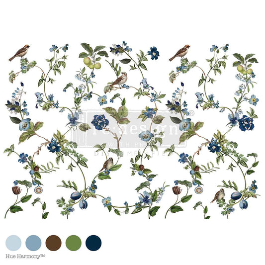Re-Design with Prima, Decor Rub on Large Transfers, Chirping Charm, Blue Florals, Song Birds, total sheet size 24″x35″, cut into 4 sheets, Re-Design with Prima