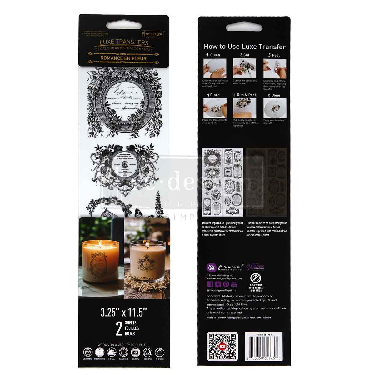 Re-Design with Prima, Rub on, Luxe Transfers®, Romance En Fleur, French Labels, Flourishes, Crests, 2 sheets, 3.25″x11.5″ each, Crafts Re-Design with Prima