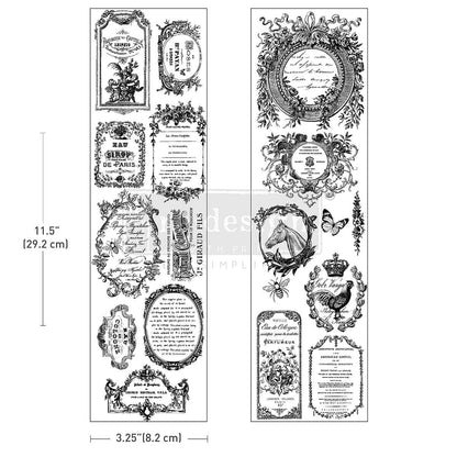 Re-Design with Prima, Rub on, Luxe Transfers®, Romance En Fleur, French Labels, Flourishes, Crests, 2 sheets, 3.25″x11.5″ each, Crafts Re-Design with Prima