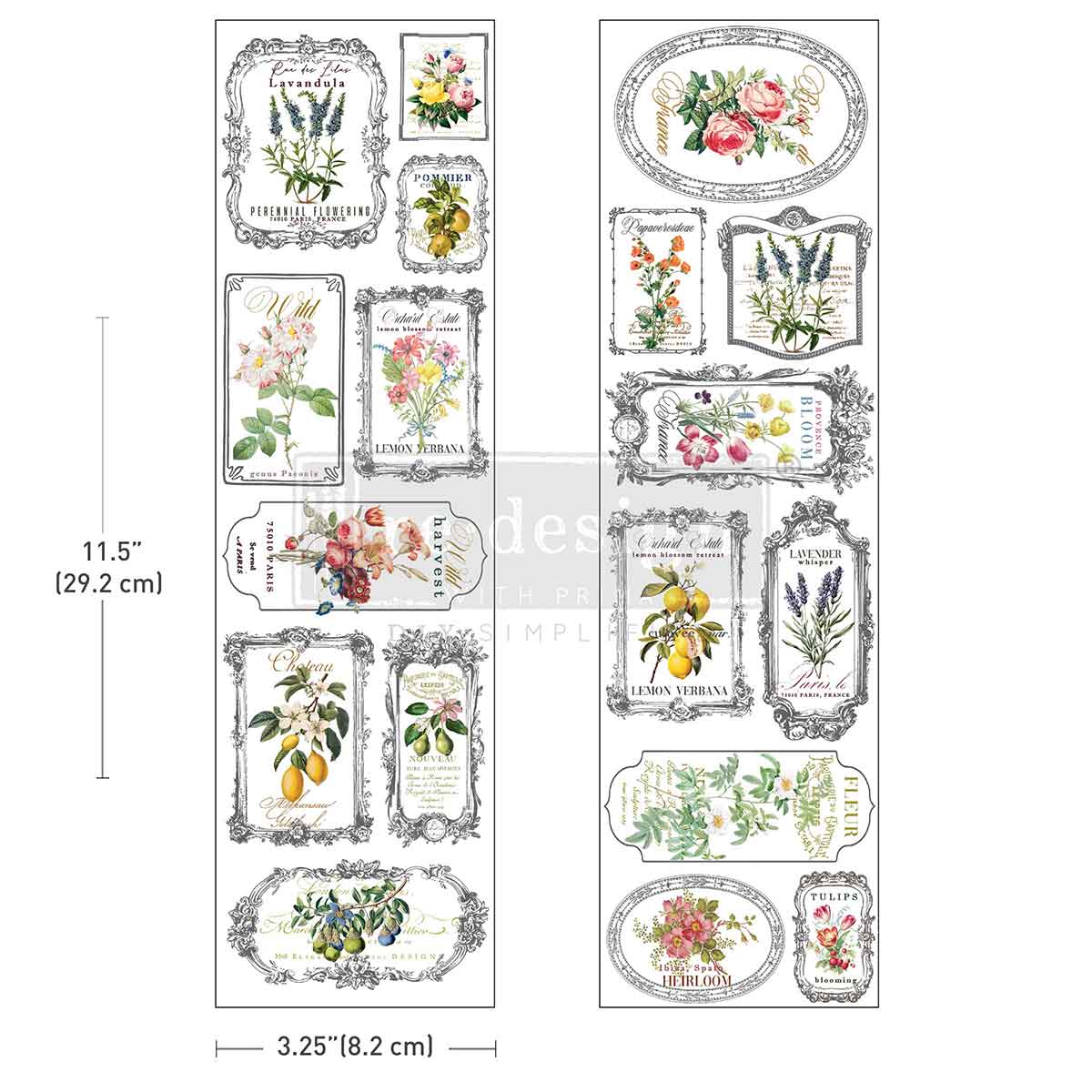 Re-Design with Prima, Rub on, Luxe Transfers®, Fleur De Frame, Vintage Floral Labels, Ornate Frames, 2 sheets, 3.25″x11.5″ each, Crafts Re-Design with Prima