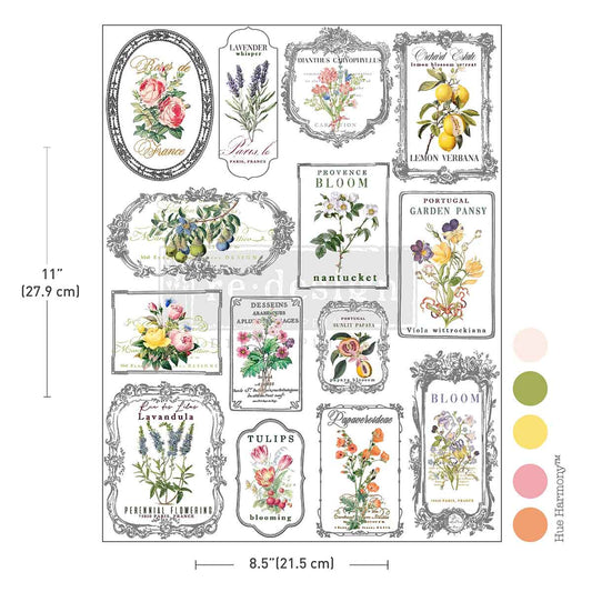 Re-Design with Prima, H2O Transfers, Whispers & Petals, Blossoms, Botanical Labels, Ornate Frames, 1 sheet, 8.5″x11″, Crafts Re-Design with Prima