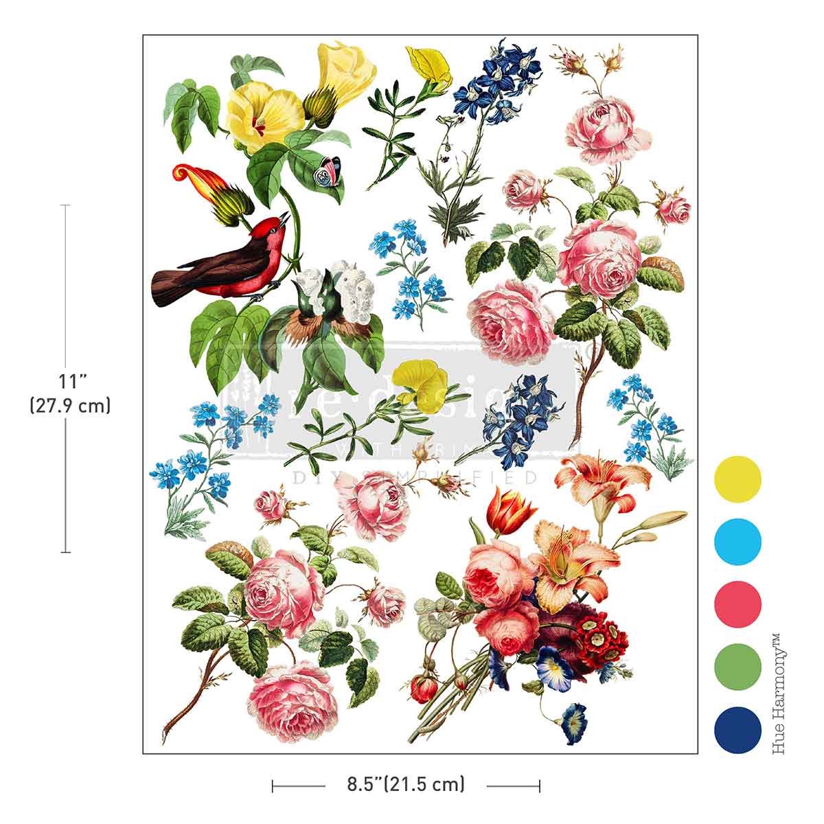 Re-Design with Prima, H2O Transfers, Rustic Romance, Vintage Roses, Wild Lilies, Flowers, Song Bird, 1 sheet, 8.5″x11″, Crafts Re-Design with Prima