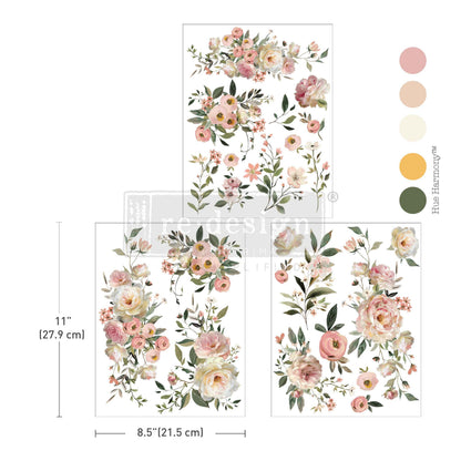 Re-Design with Prima, Middy Rub-on Transfers, Blush Reverie, Pink Roses, Flowers, 3 sheets, 8.5″x11″