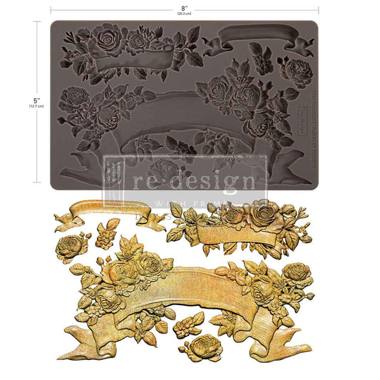 Re-design with Prima Silicone Decor Mould, Bloom Of Eternity, Vintage Style Banners and Roses, Embellishments, Food Safe Craft Supplies