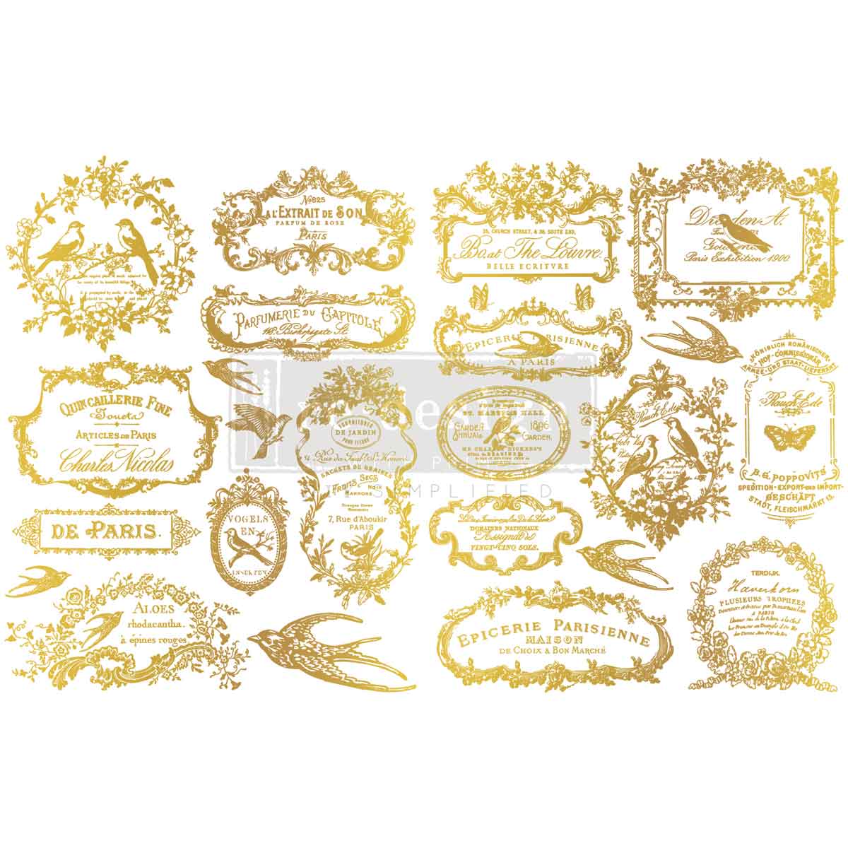 Re-Design with Prima, H2O Transfers, Chant Du Matin, Gilded Gold, Vintage Style Labels, 2 sheets ea 8.5″x11″, Shabby Chic, French Inspired