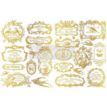 Re-Design with Prima, H2O Transfers, Chant Du Matin, Gilded Gold, Vintage Style Labels, 2 sheets ea 8.5″x11″, Shabby Chic, French Inspired