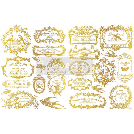 Re-Design with Prima, H2O Transfers, Chant Du Matin, Gilded Gold, Vintage Style Labels, 2 sheets ea 8.5″x11″, Shabby Chic, French Inspired