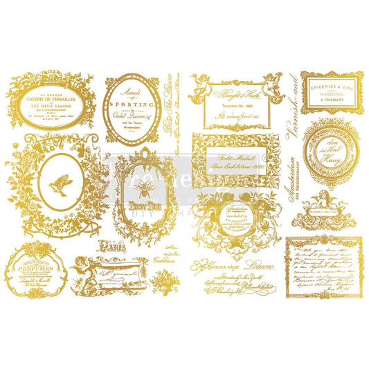 Re-Design with Prima, H2O Transfers, Fleur De Minuit, Gilded Gold, Vintage Style Labels, 2 sheets ea 8.5″x11″, Shabby Chic, French Inspired