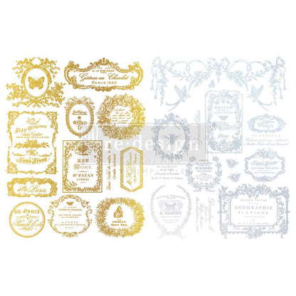 Re-Design with Prima, H2O Transfers, EClat Du Matin , Gilded Gold and Silver, Vintage Style Labels, 2 sheets ea 8.5″x11″, Shabby Chic, French Inspired