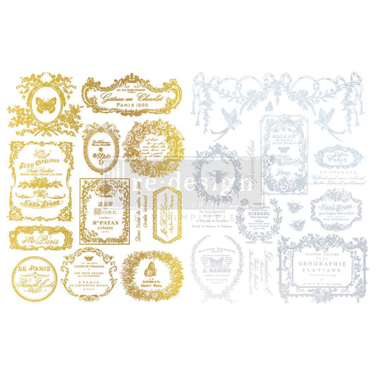 Re-Design with Prima, H2O Transfers, EClat Du Matin , Gilded Gold and Silver, Vintage Style Labels, 2 sheets ea 8.5″x11″, Shabby Chic, French Inspired