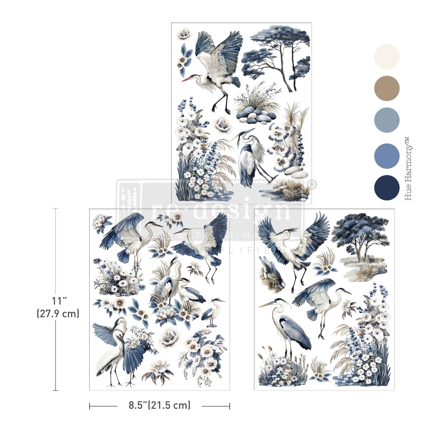Re-Design with Prima, Middy Transfers, Whispers by the Marsh, Silver Heron, Blue and White, Nature Inspired, 3 sheets, 8.5″x11″