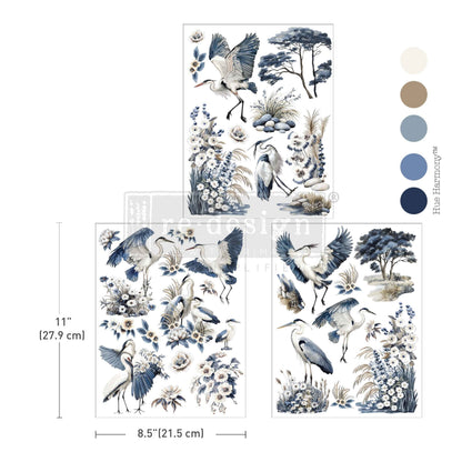 Re-Design with Prima, Middy Transfers, Whispers by the Marsh, Silver Heron, Blue and White, Nature Inspired, 3 sheets, 8.5″x11″