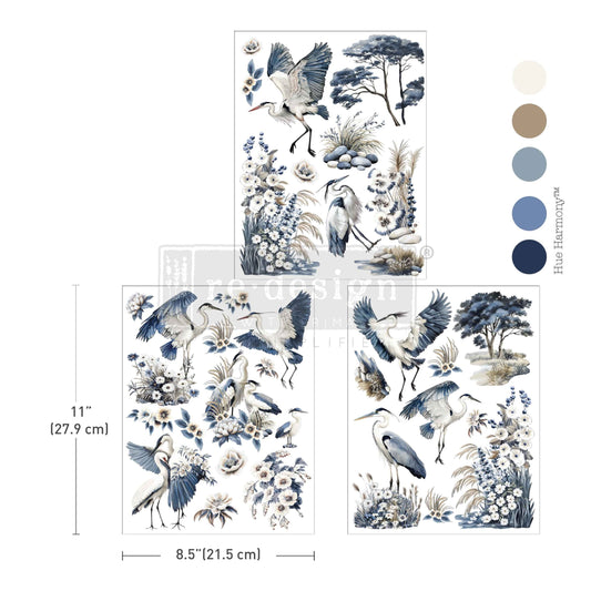 Re-Design with Prima, Middy Transfers, Whispers by the Marsh, Silver Heron, Blue and White, Nature Inspired, 3 sheets, 8.5″x11″