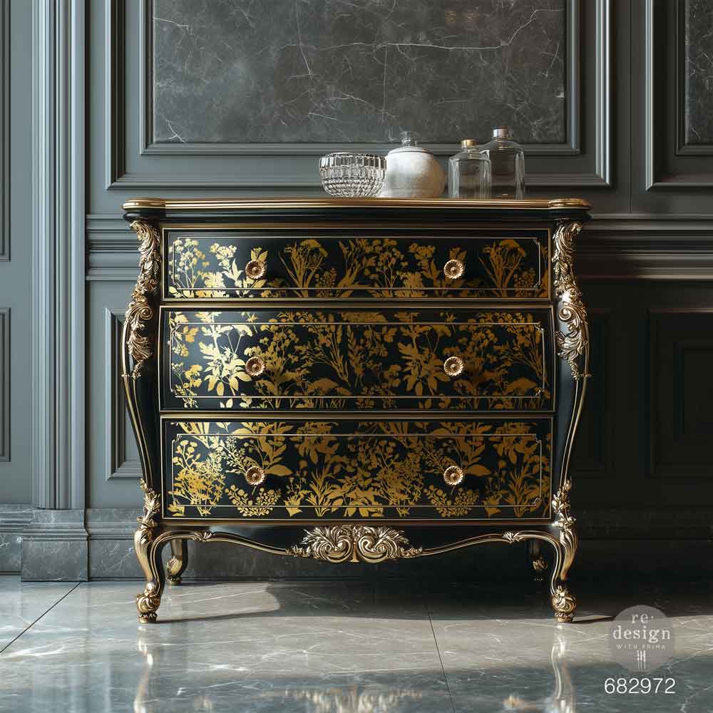 Re-Design with Prima Decor Transfers, Gold Foil by Kacha, Luxe Foliage, French, Organic, total size 18″x24″, cut into 2 sheets. 2026 Q3