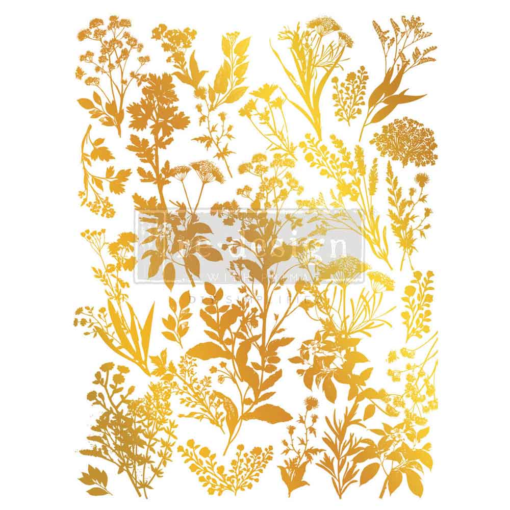 Re-Design with Prima Decor Transfers, Gold Foil by Kacha, Luxe Foliage, French, Organic, total size 18″x24″, cut into 2 sheets. 2026 Q3