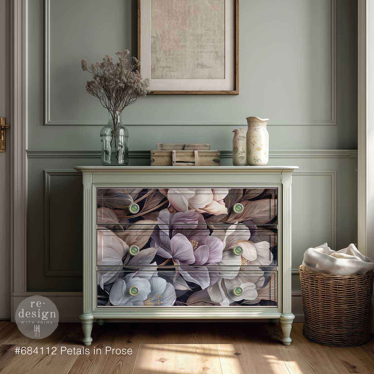 Re-Design with Prima Decoupage Decor Tissue Fiber Pack, 19.5″x30″, Petals In Prose, Lavender Flowers, Mixed Media, DIY Furniture