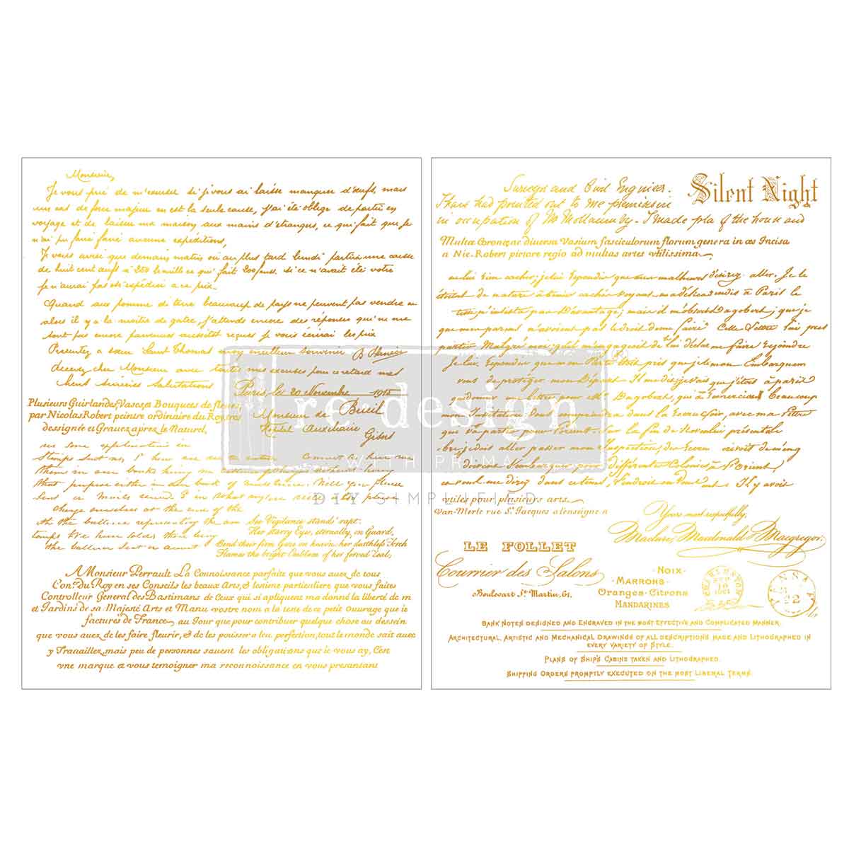 Re-Design with Prima, Middy Foil Transfers, Kacha, Gold Gilded Noel Script, French, Shabby Chic, 2026 Q4, 2 sheets, 8.5x11
